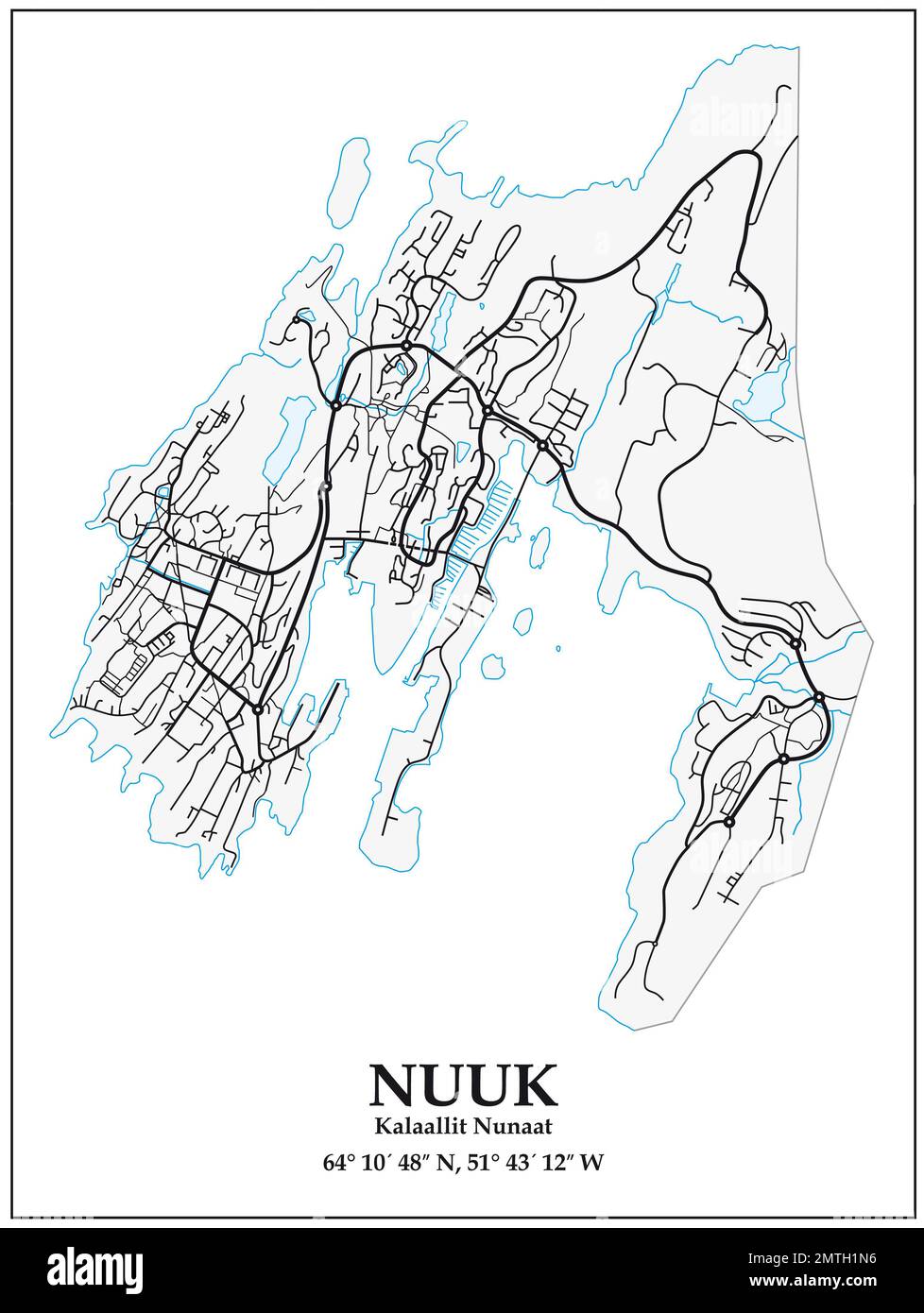 Mappa stradale vettoriale della capitale della Groenlandia, Nuuk Foto Stock