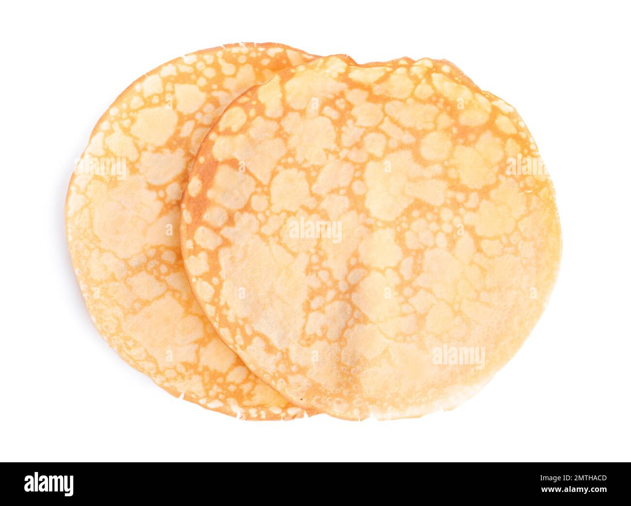 Pancake freschi e sottili, isolati sul bianco, vista dall'alto Foto Stock