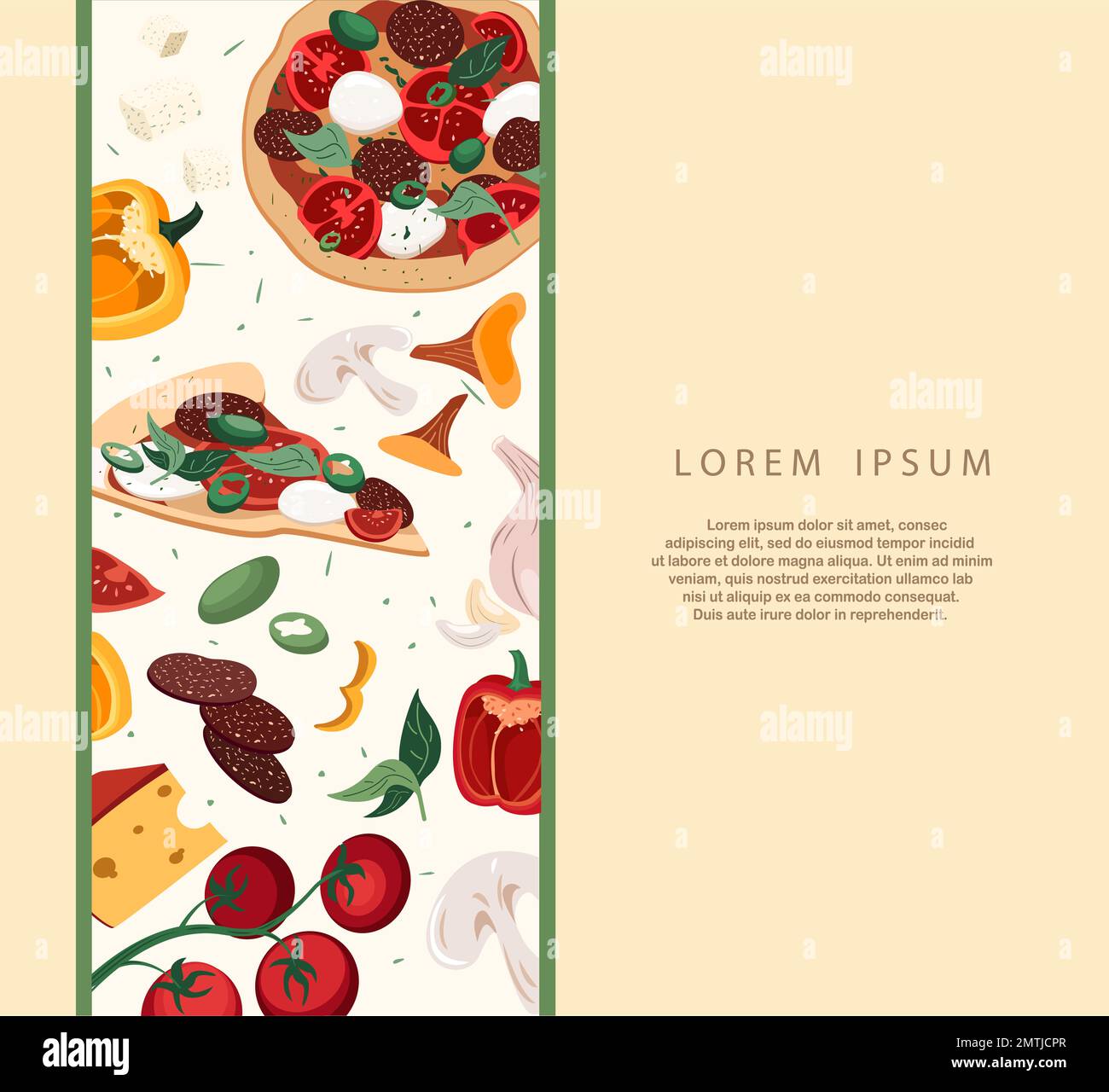 Design di Broadsheet Poster.Banner per pizzeria con funghi Champignon pizza, ingredienti su sfondo bianco.modello promozionale per il ristorante italiano Foto Stock