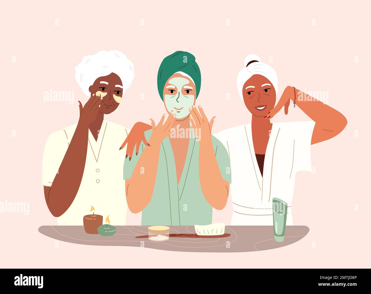 Vecchio in pensione belle donne rilassate amici con maschere facciali in argilla, macchie sugli occhi su Faces.Spa trattamento di cura della pelle in accappatoio.Self massaggio, Beauty Proced Foto Stock