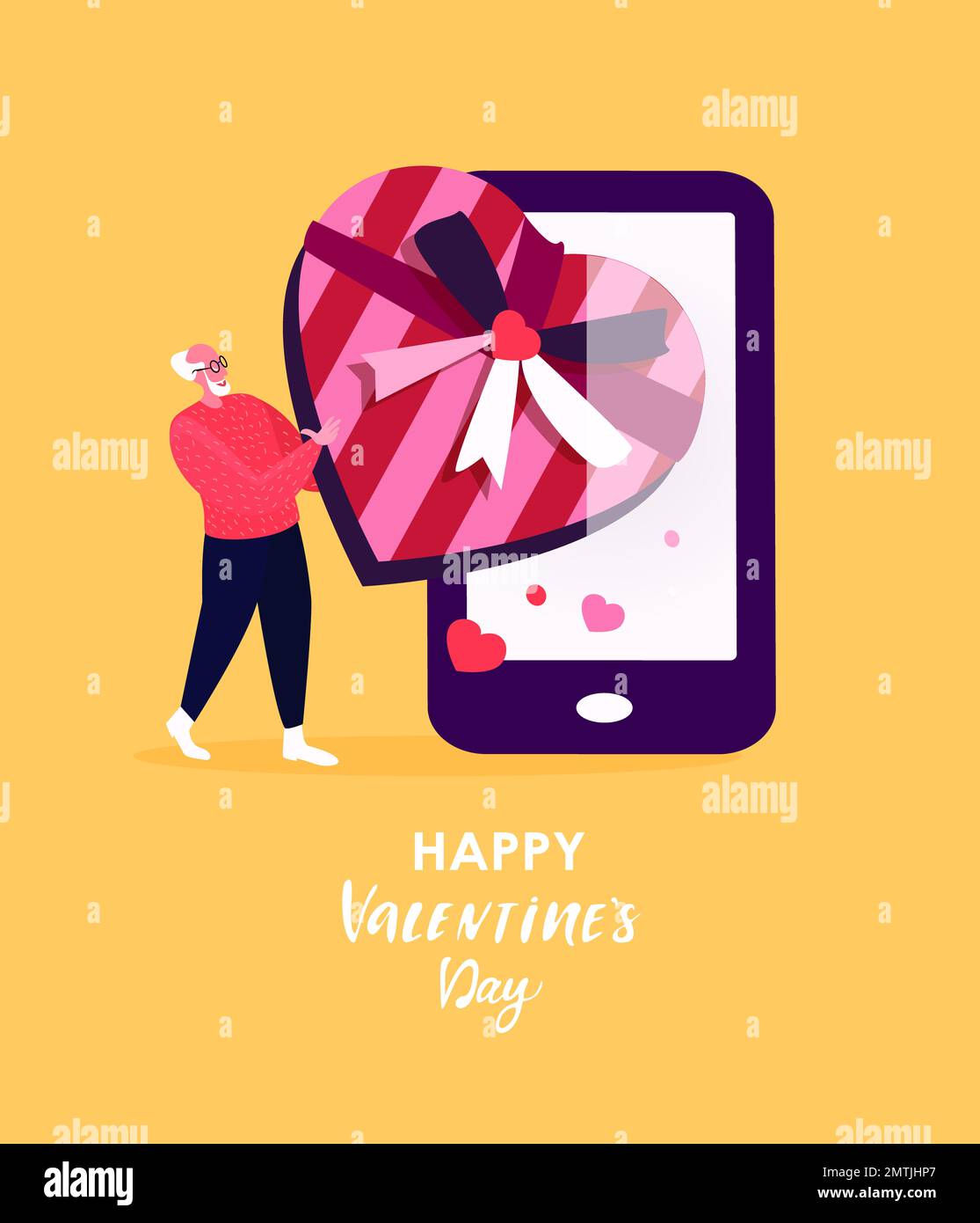 San Valentino Online festive Shopping.Old pensionato uomo prendere enorme cuore regali presenti in smartphone screen.Purchase applicazione.Internet P Foto Stock