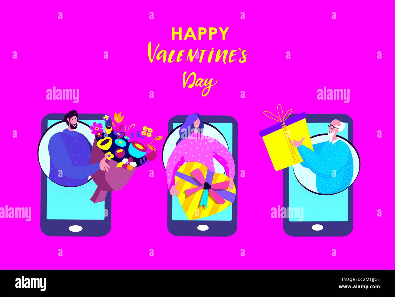 Festeggiamenti per San Valentino, compleanno, Ordine delle persone in vacanza, regali, mazzo di fiori, scatole, presenti nell'app mobile per smartphone. Posta digitale su Internet Foto Stock