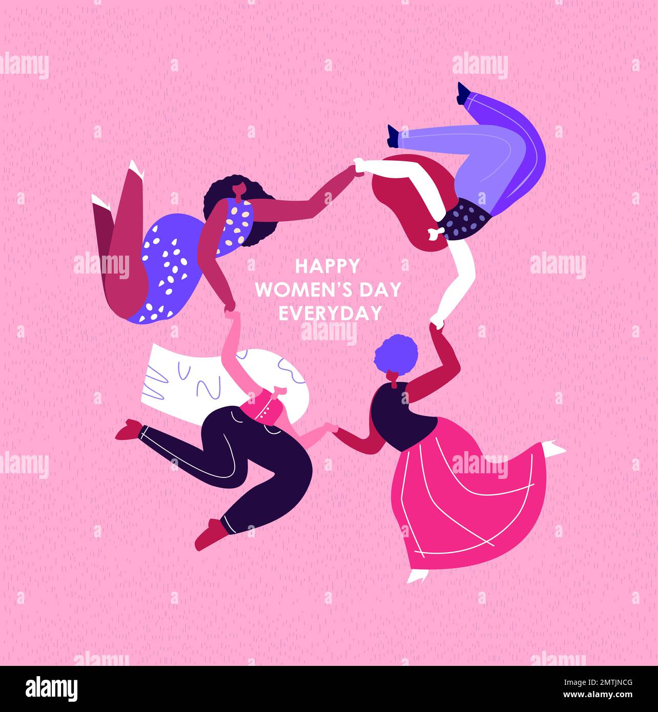 Happy International Woman Day.Feminism Concept.Bright diverse Ragazze da ballo tenendo le mani in Circle.Eight di marzo Congratulation.Protect a vicenda Foto Stock