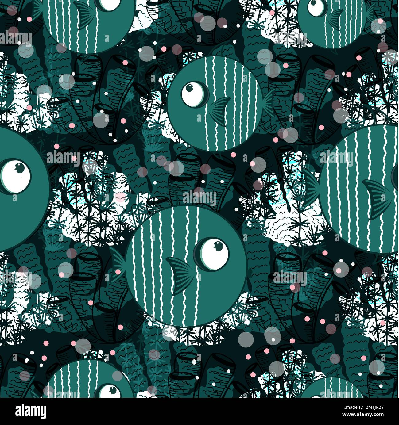 Modello senza cuciture con modello di pesce. sfondo scuro. Design alla moda senza cuciture con animali subacquei. Colore Aqua. Illustrazione Vettoriale