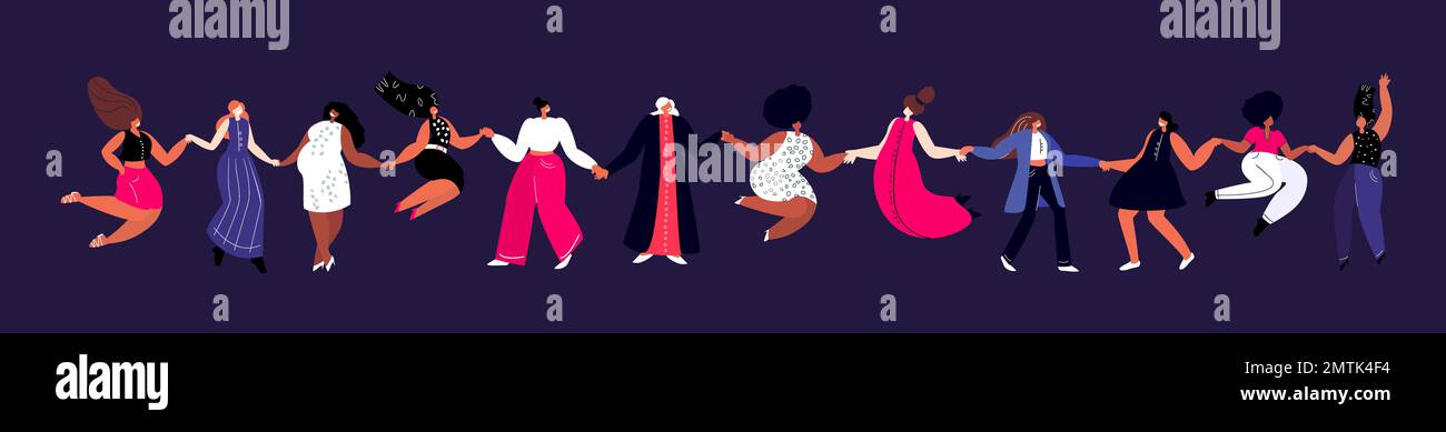 Happy International Woman Day.Feminism Concept.Bright Bella diversa Dancing Girls Holding Hands.Party, otto di marzo Celebration. Libero sicuro Foto Stock