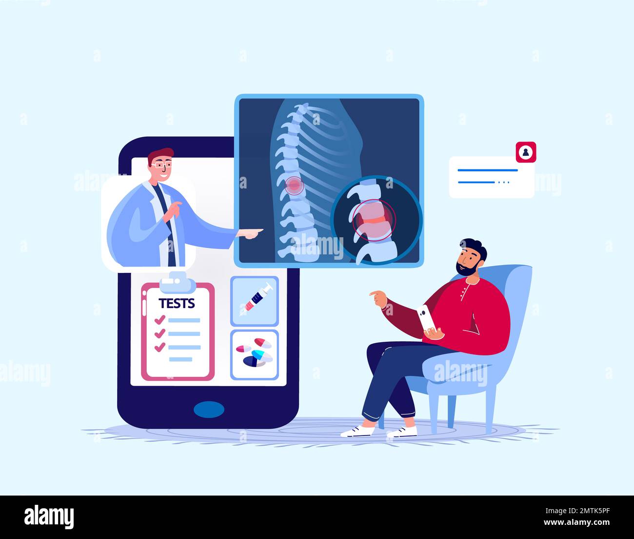 Online Vertebrologist Orthopedics Dottor Consultate Patient.Pain Back colonna vertebrale e scivolato disco, osteocondrosi, Diagnostica Checkup.Internet trattamento Foto Stock