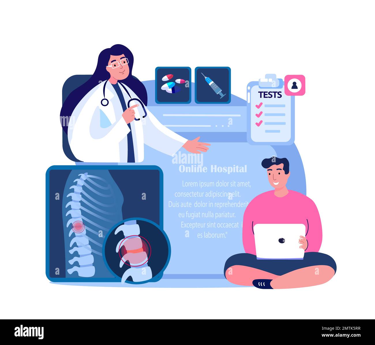 Online Vertebrologist Orthopedics Dottor Consultate Patient.Pain Back colonna vertebrale e scivolato disco, osteocondrosi, Diagnostica Checkup.Internet trattamento Foto Stock