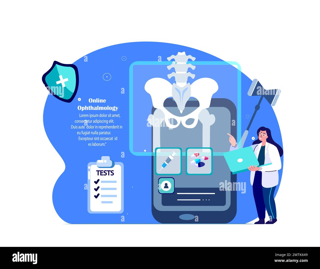 Scienziato, traumatologo ortopedico medico esaminare anca Joint Pain.Arthoplasty, osteoarthritis.Hip Joint Replacement Research.smartphone ossa X Ray Ra Foto Stock