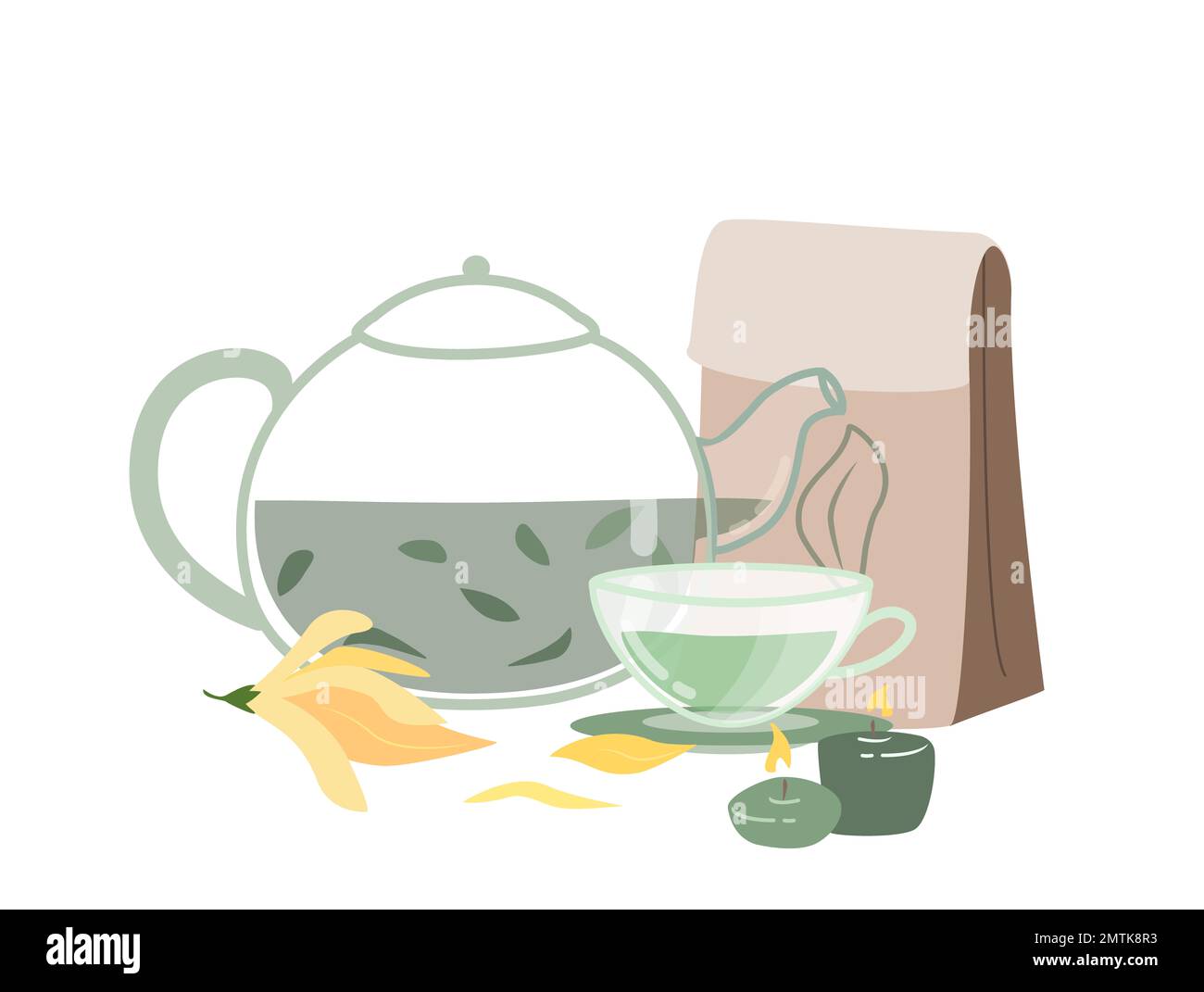 Tè bere Ceremony Concept.Glass tè-Set, tè verde con fragrante naturale grandi-foglie.atmosfera rilassante, candele, fiori.estratti organici di erbe.F. Foto Stock