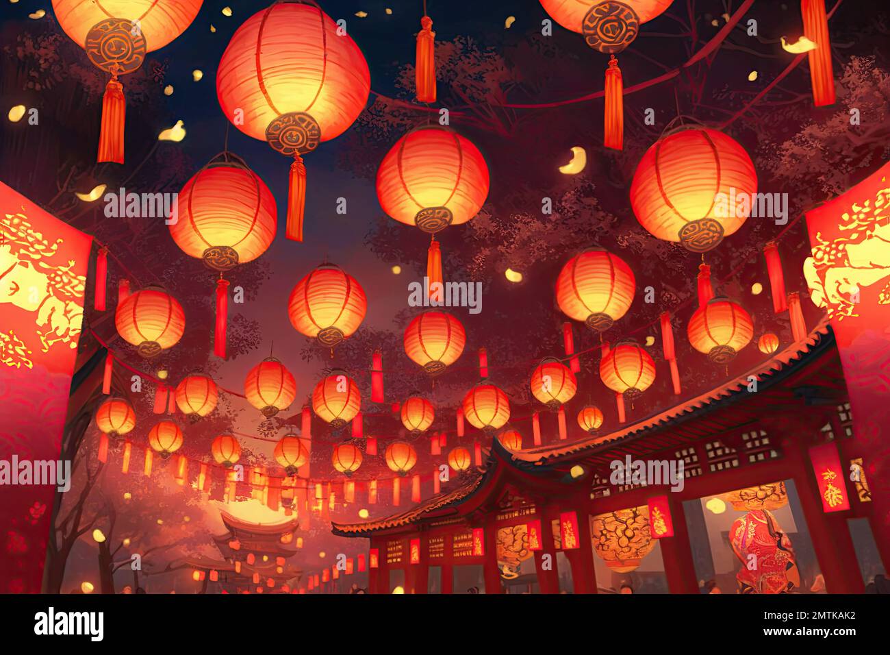 Lanterne cinesi appese al soffitto di un tempio cinese con luci accese di  notte. Bambù e riso Lanterna di carta Festival per il nuovo cinese Foto  stock - Alamy