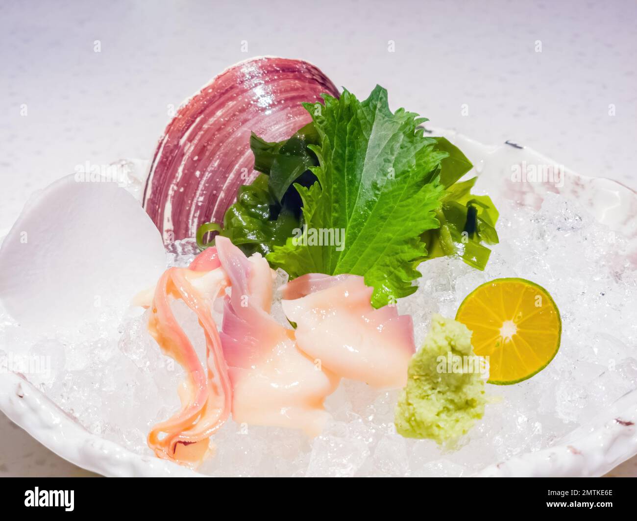 Primo piano di Hokkigai Japnese Clam Sashimi a Taipei, Taiwan Foto Stock