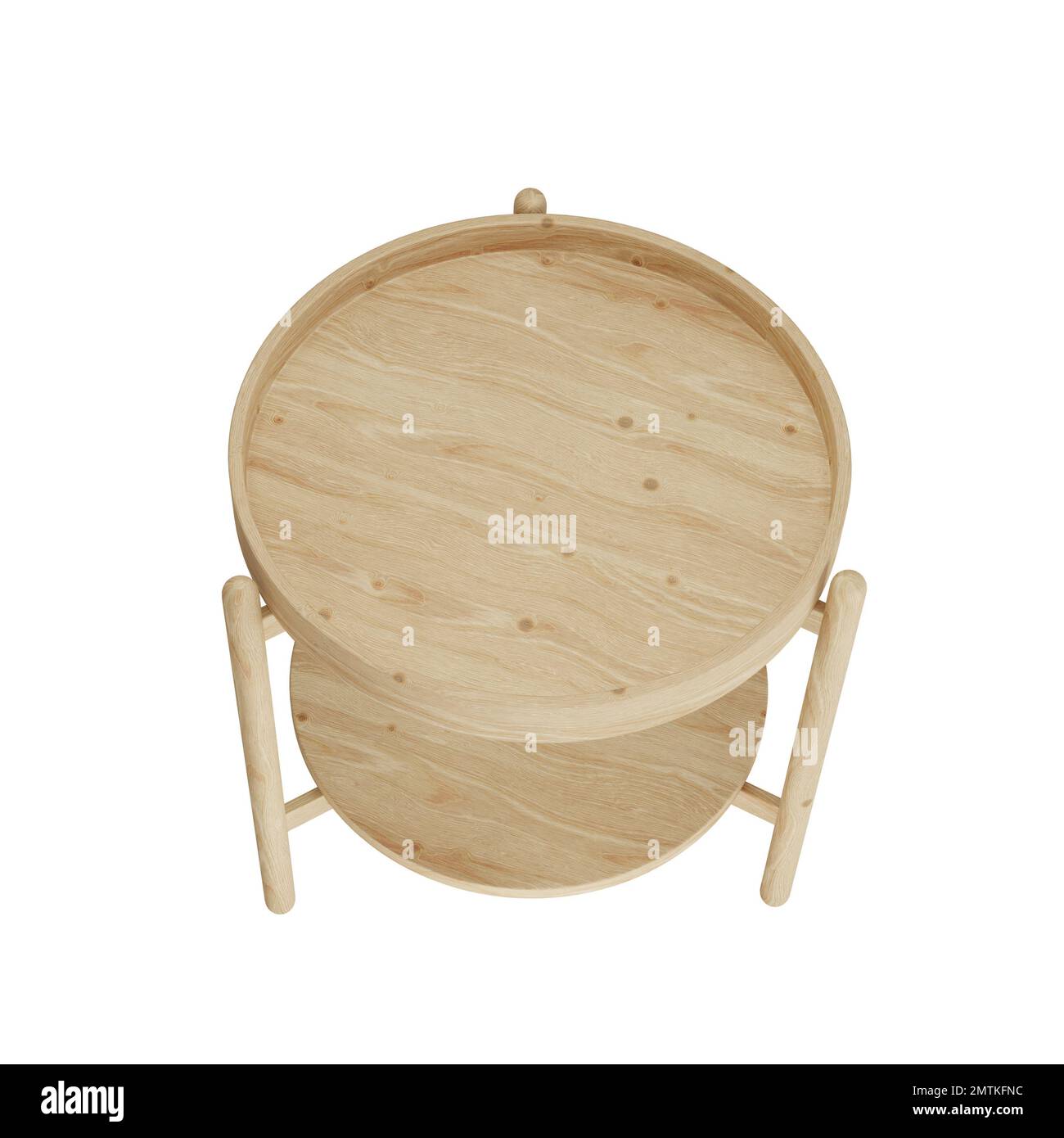 3D tavolo laterale in legno circolare con tre gambe in legno su sfondo bianco, arredi in legno su sfondo isolato Foto Stock