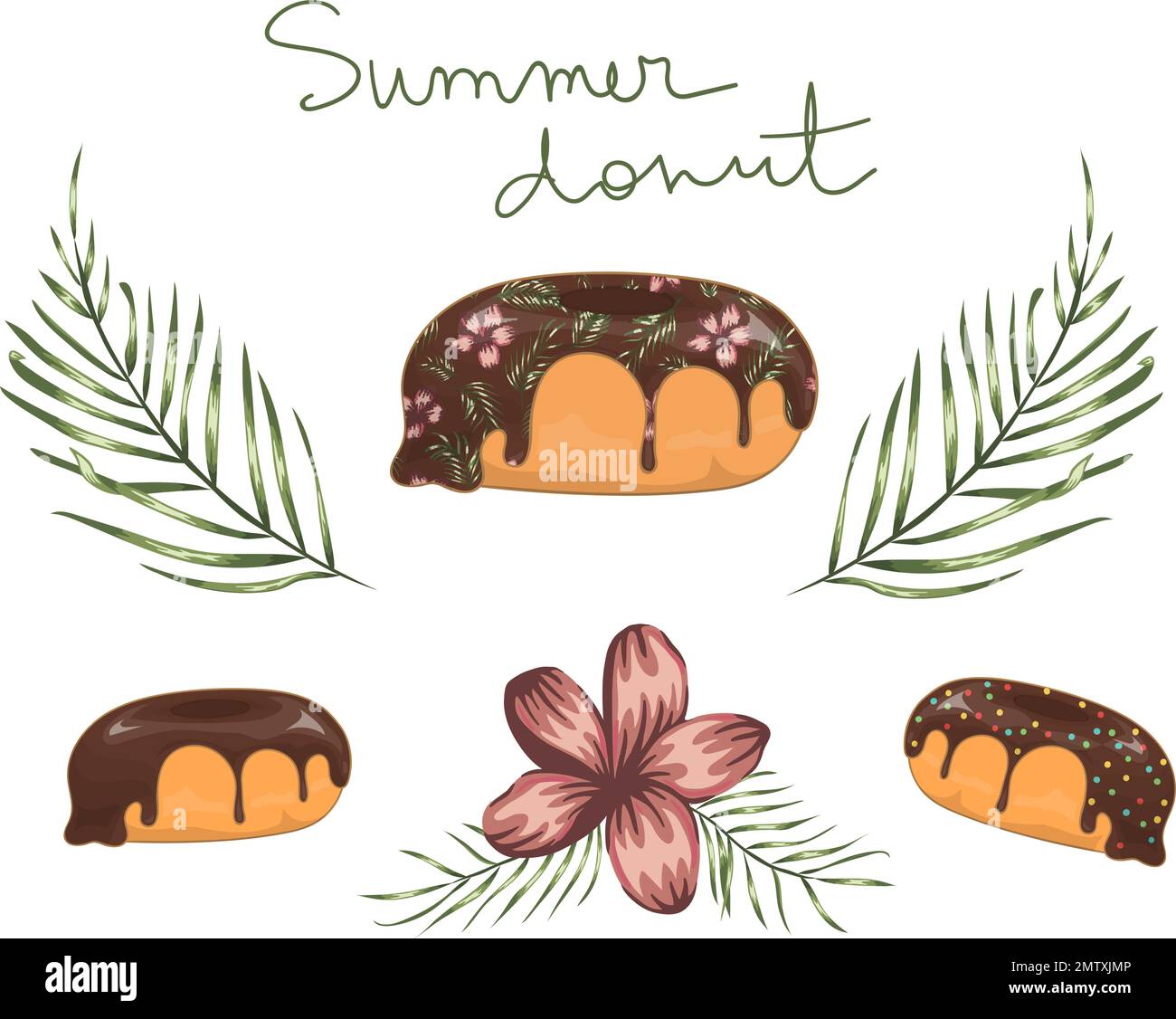 Illustrazione vettoriale di ciambella con glassa al cioccolato con foglie di palma verde e fiori rossi. Originale design del menu estivo. Concetto di dessert tropicale. Illustrazione Vettoriale