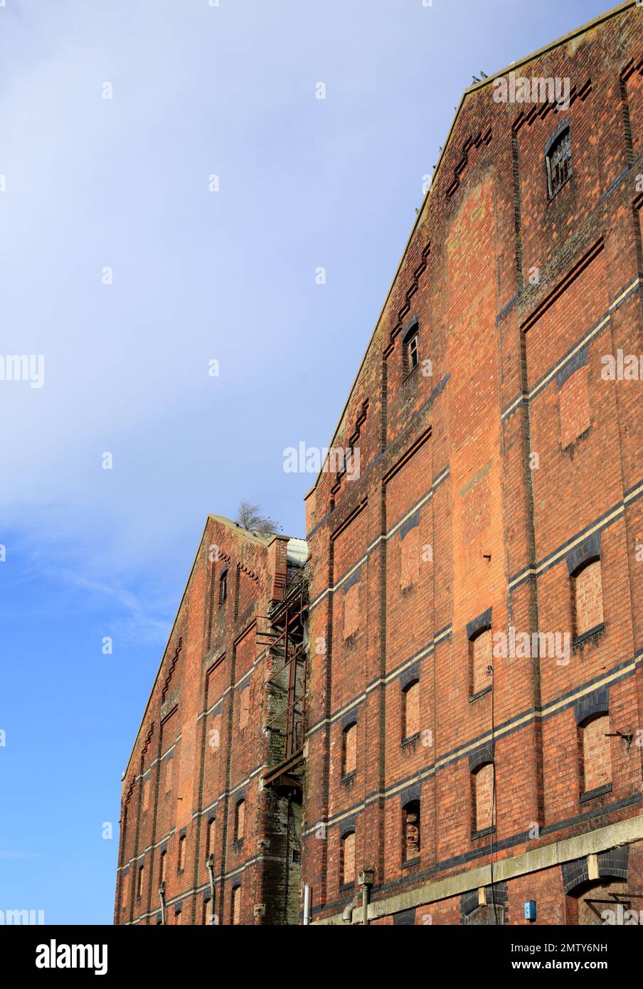 Edifici di magazzini in disuso presso i moli di Gloucester, Gloucestershire, Inghilterra, Regno Unito. Foto Stock