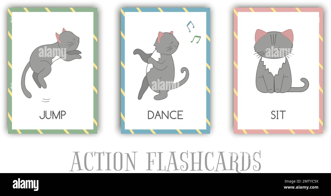 Set vettoriale di azioni schede flash con Cat. Carino personaggio saltando, ballando, seduta. Schede per l'apprendimento precoce. Illustrazione Vettoriale