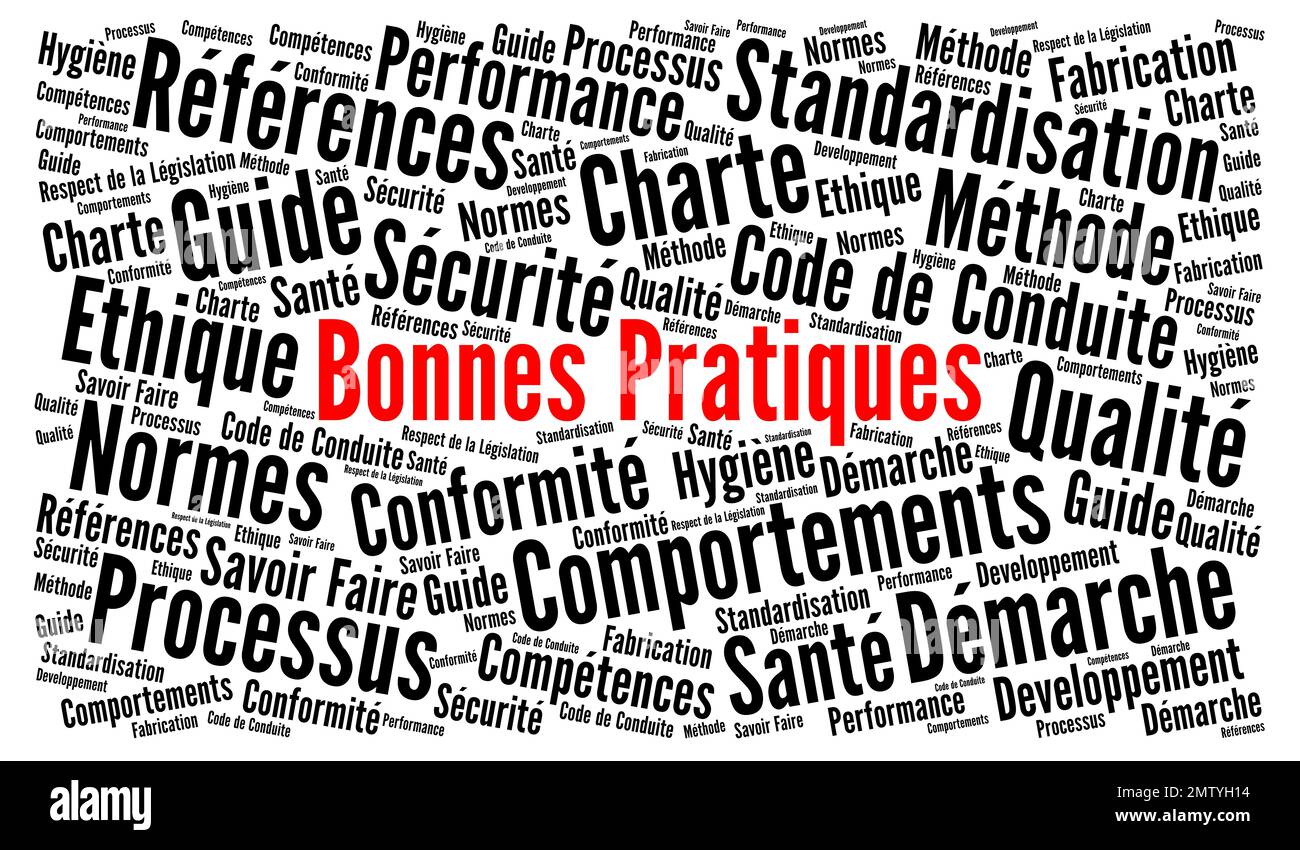 La parola nube di pratica migliore chiamata bonnes Pratiques in lingua francese Foto Stock