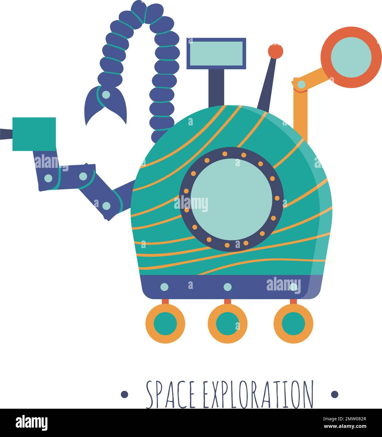 Illustrazione Vector rover per bambini. Immagine luminosa e graziosa piatta di tecniche sorridenti isolate su sfondo bianco. Concetto di esplorazione dello spazio. Illustrazione Vettoriale