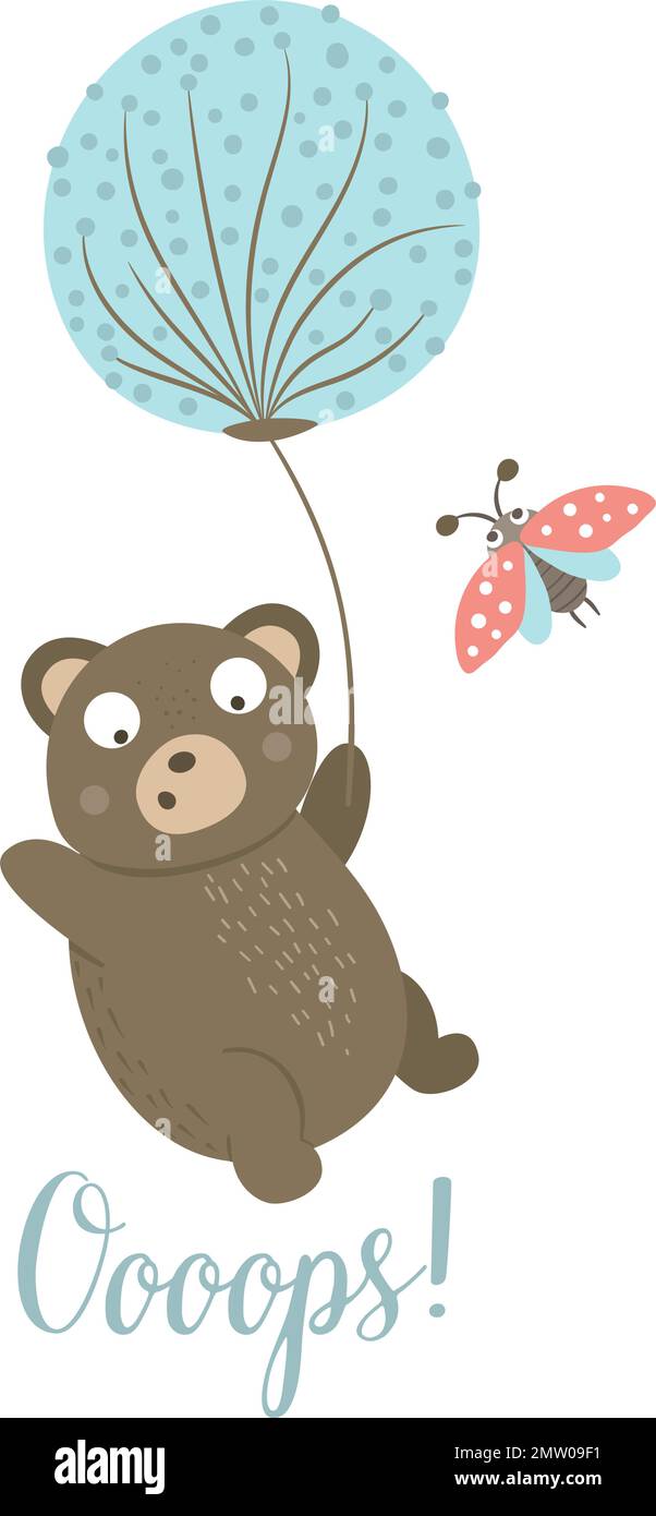 Vector stile cartoon orsetto piatto disegnato a mano che vola su dente di leone con ladybug. Scena divertente con cadere Teddy. Illustrazione carina di animale del bosco Illustrazione Vettoriale