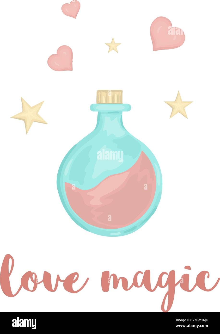Carino illustrazione vettoriale di pozione di amore di stile acquerello con cuori e stelle isolati su sfondo bianco. Immagine a tema Unicorn per stampa, banner, Illustrazione Vettoriale