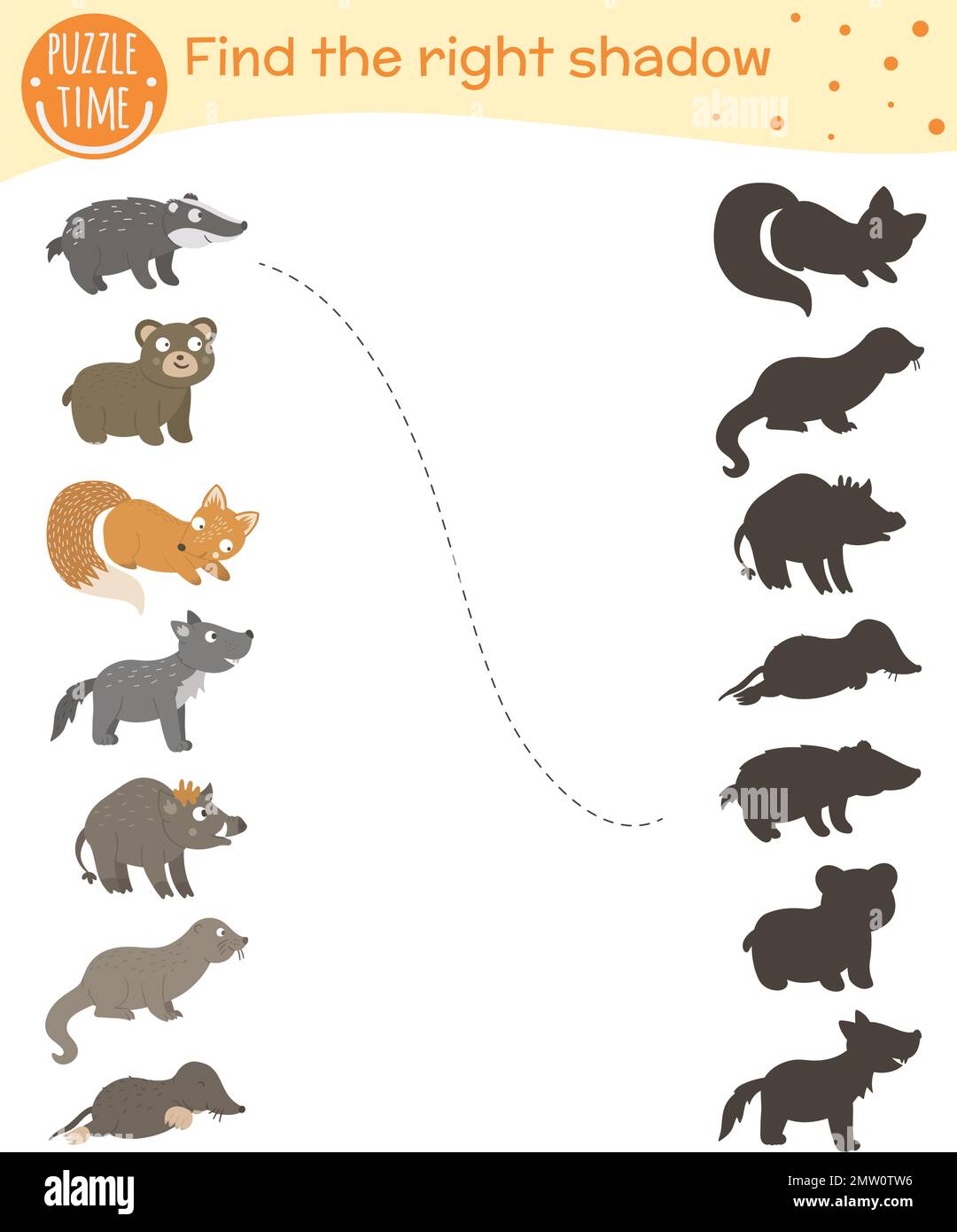 Attività di abbinamento ombra per bambini con animali boschivi. Simpatico lupo sorridente, orso, volpe, tasso, talpa, lontra, cinghiale. Trovare il silh corretto Illustrazione Vettoriale