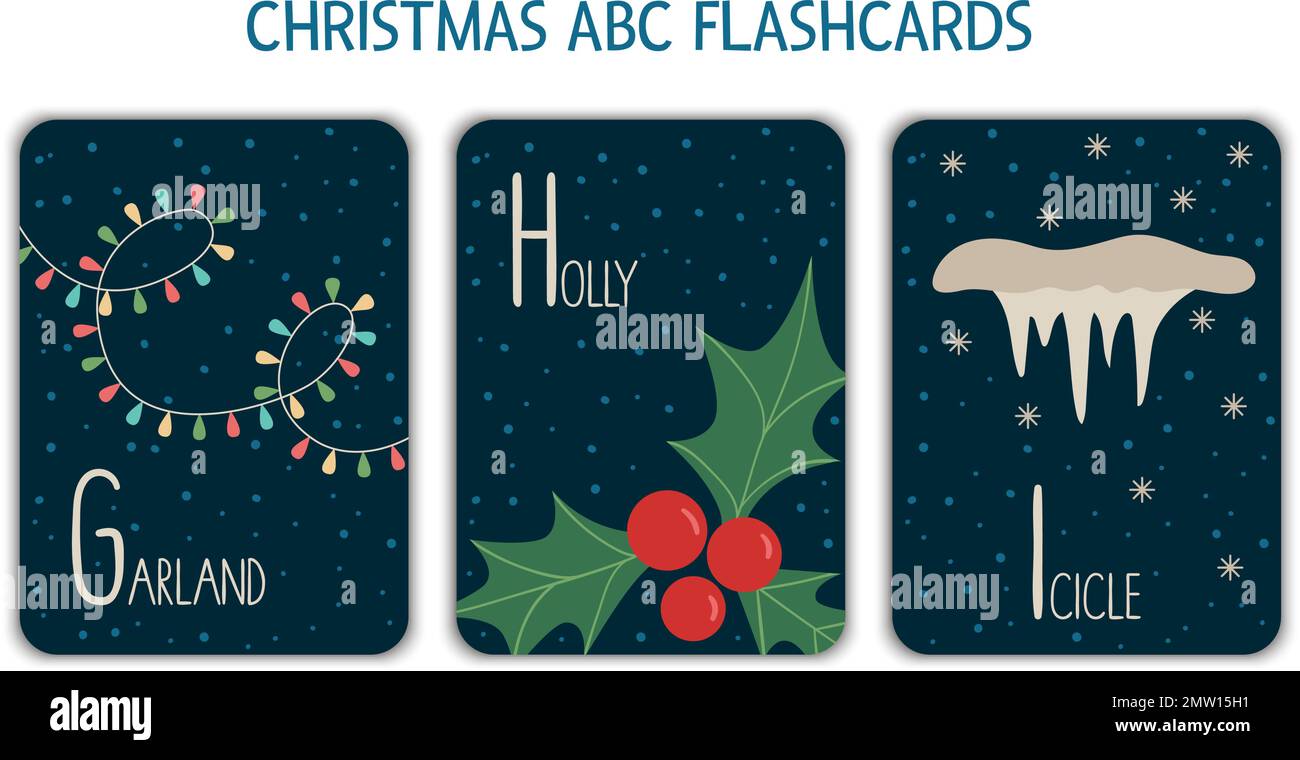 Lettere colorate dell'alfabeto G, H, I. Flashcard phonics. Carino Natale a tema ABC schede per insegnare la lettura con ghirlanda divertente, agrifoglio, ciclicolo. Anno nuovo Illustrazione Vettoriale