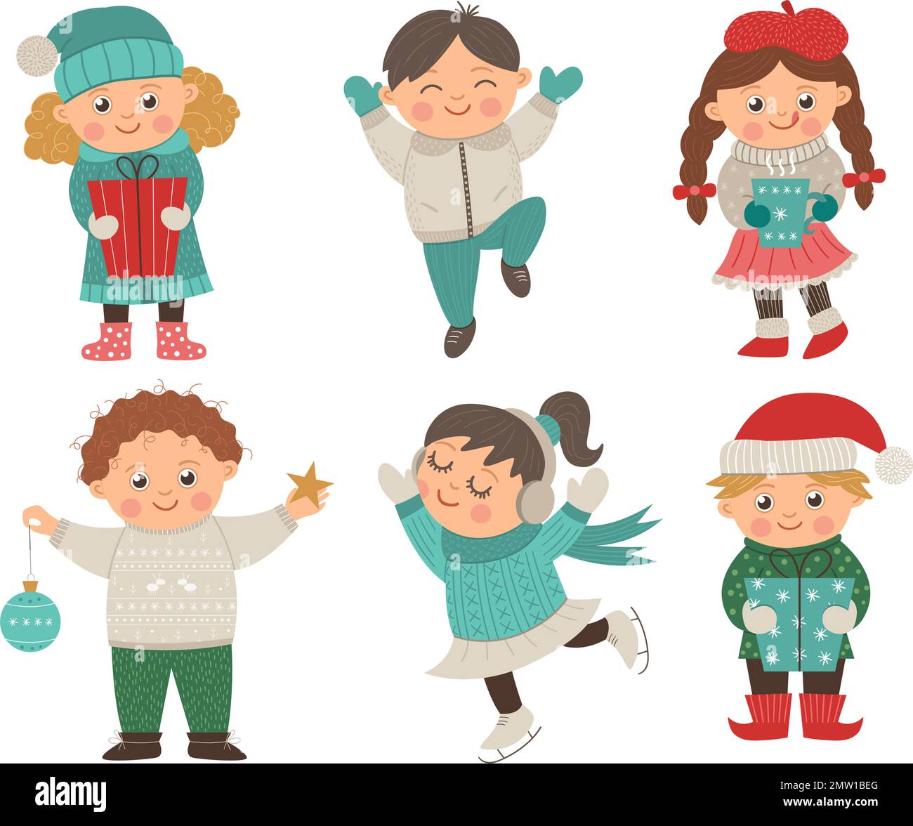 Vettore set di bambini felici in diverse pose per il design di Natale. Simpatico inverno bambini illustrazione con regali, decorazioni, bevanda calda. Ragazzo divertente j Illustrazione Vettoriale