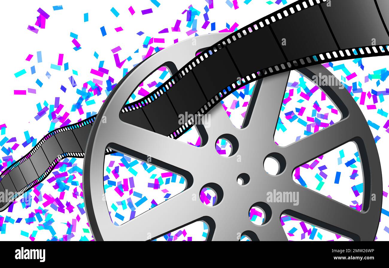 Film e una bobina di film sono visti su uno sfondo di confetti. Foto Stock