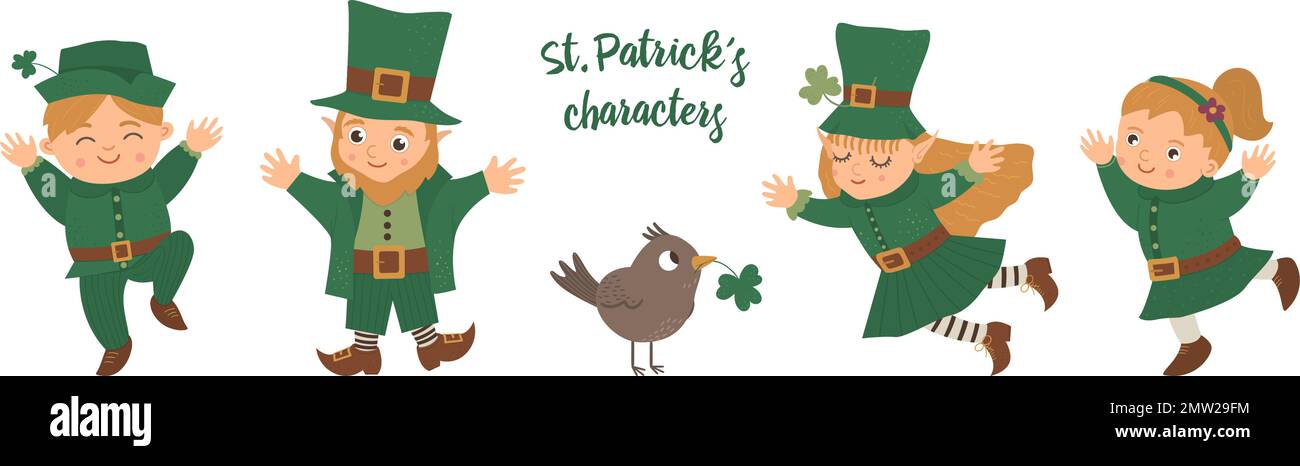 Set vettoriale di St. Personaggi del giorno di Patrick. Icone nazionali irlandesi delle vacanze isolate su sfondo bianco. Carino divertente appartamento leprechaun in abiti verdi wit Illustrazione Vettoriale