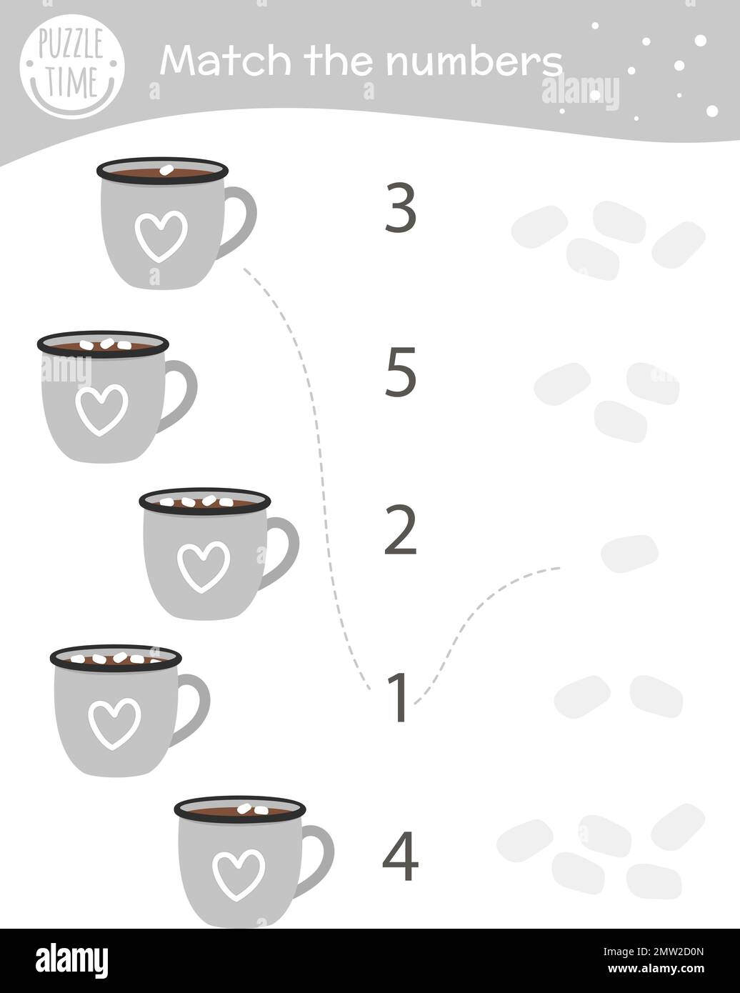 Partita di abbinamento con coppe di cacao e marshmallow. Attività di matematica invernale per bambini prescolare. Foglio di lavoro per il conteggio del Natale. Indovinello educativo con carino Illustrazione Vettoriale