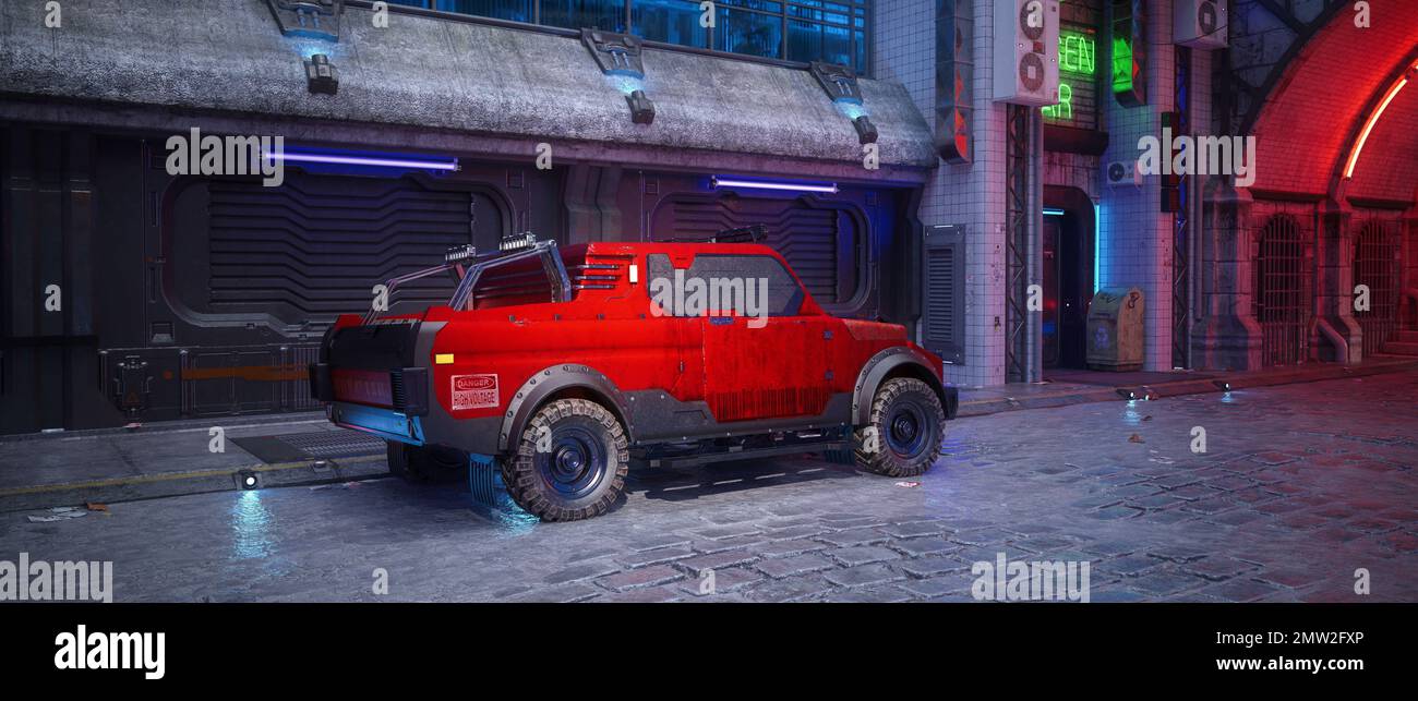 Camion cyberpunk rosso parcheggiato in una strada scura futuristica della città di notte. Rendering 3D. Foto Stock