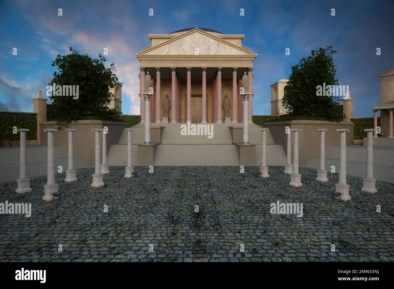 piazza lastricata di fronte ad un antico tempio romano con scalini che conducono all'entrata e alte colonne. Rendering 3D. Foto Stock