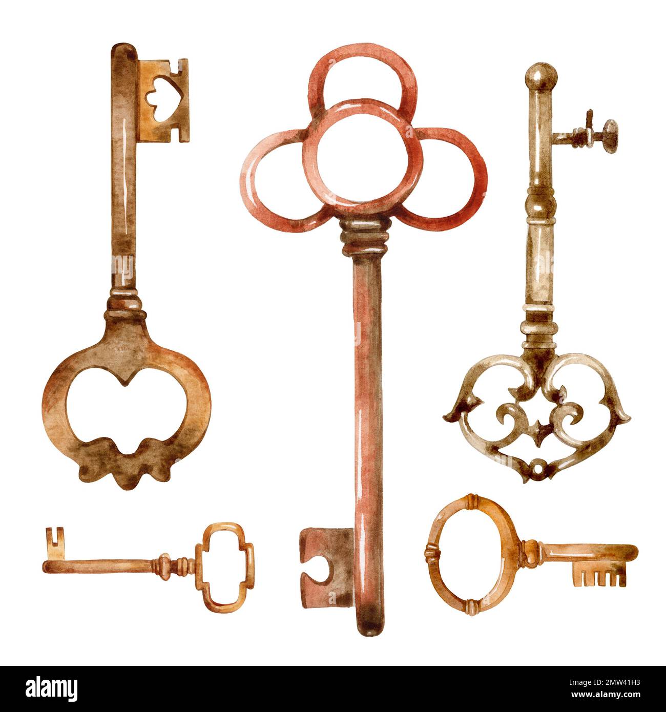 Acquerello vintage set di chiavi rustiche. Boho, illustrazione. Illustrazione chiave in rame vintage, bronzo isolata su sfondo bianco. Foto Stock