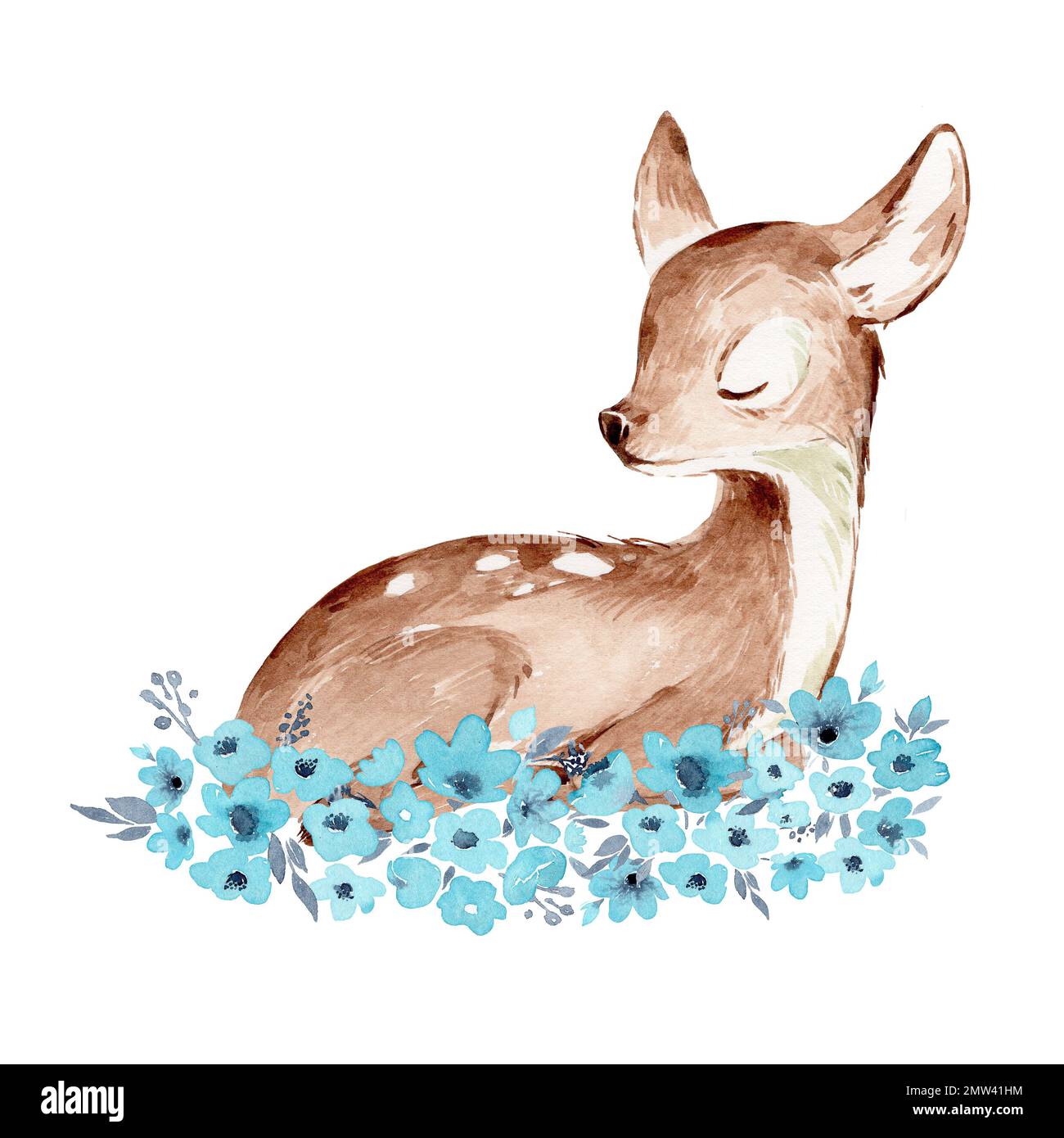 Acquerello cute Illustrazione del cervo del bambino sopra il bianco. Baby Fawn che dorme. Cartoon Deer Eyes chiuso. Isolato . Foto Stock