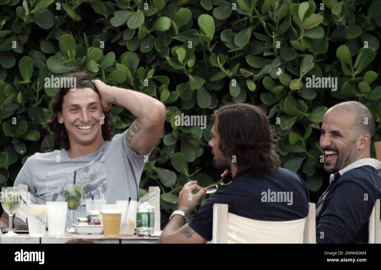 Uno dei calciatori più pagati, il calciatore svedese Zlatan Ibrahimovic, di 28 anni, ha un'ottima occasione di sedersi a bordo piscina con alcuni amici maschi. Rilassato Ibrahimovic, che è un attaccante per Barcellona e gioca con la nazionale svedese squadra, ha riso con i suoi amici ad un tavolo pieno di mojito e birra. Secondo le relazioni Ibrahimovic ha un salario di $11 milioni di dollari. Miami Beach, Florida. 07/08/10. Foto Stock