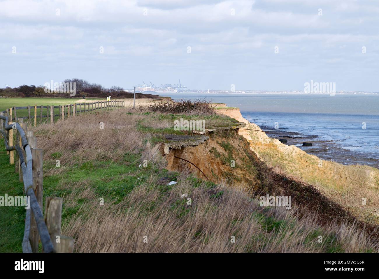 Le scogliere al Naze che sono erose dall'azione marea del mare. Foto Stock