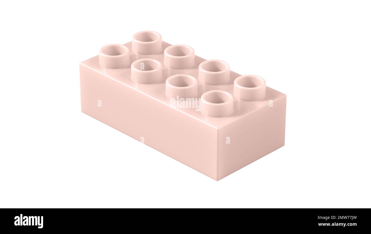 Blocco Lego in plastica rosa blush isolato su sfondo bianco. Mattone giocattolo per bambini, vista prospettica. Vista ravvicinata di un blocco di gioco per i costruttori. Illustrazione 3D. Ultra HD 8K, 7680x4320, 300 dpi Foto Stock