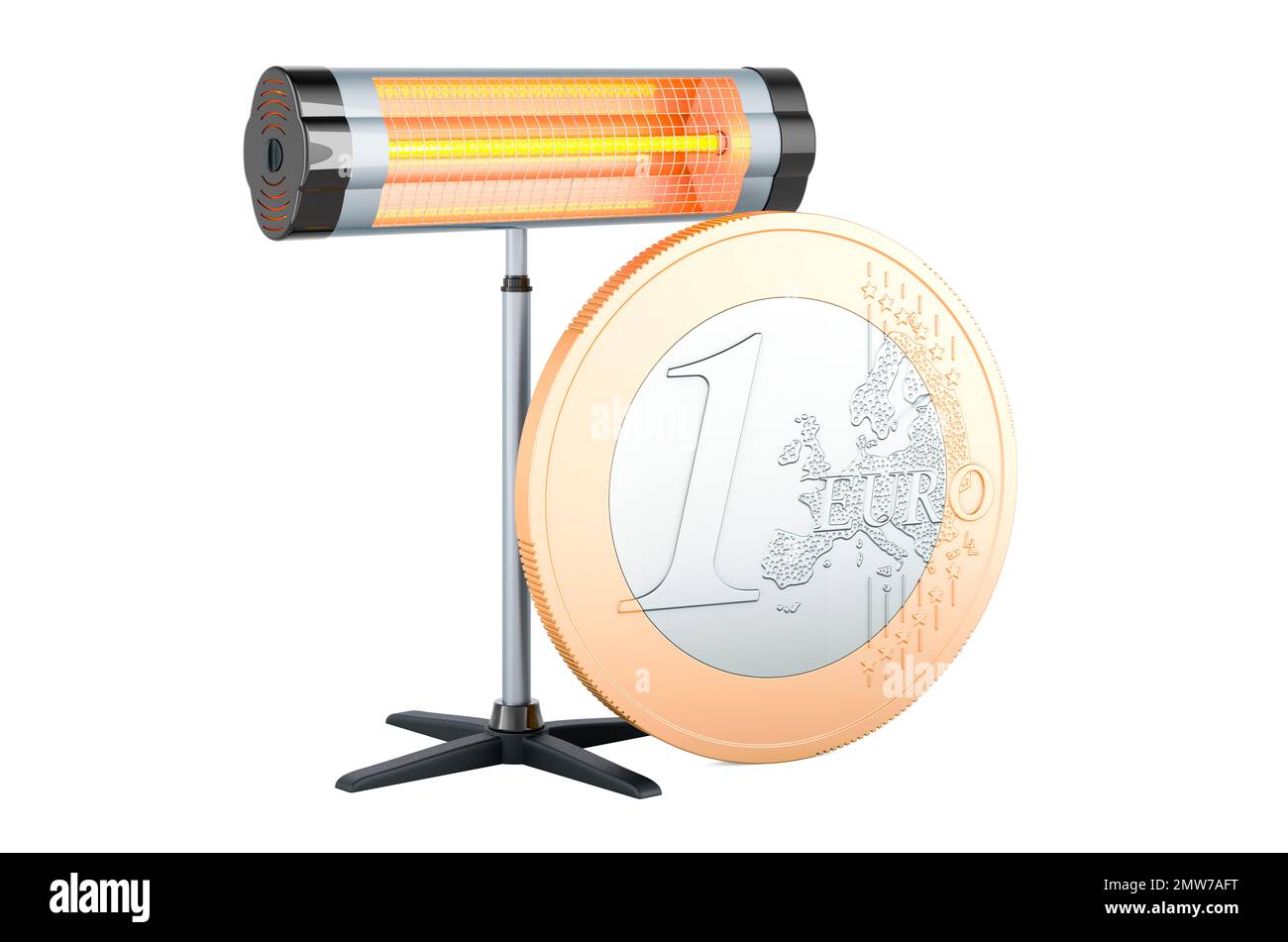 Riscaldatore alogeno o a infrarossi con moneta europea. Concetto di risparmio energetico. 3D rendering isolato su sfondo bianco Foto Stock