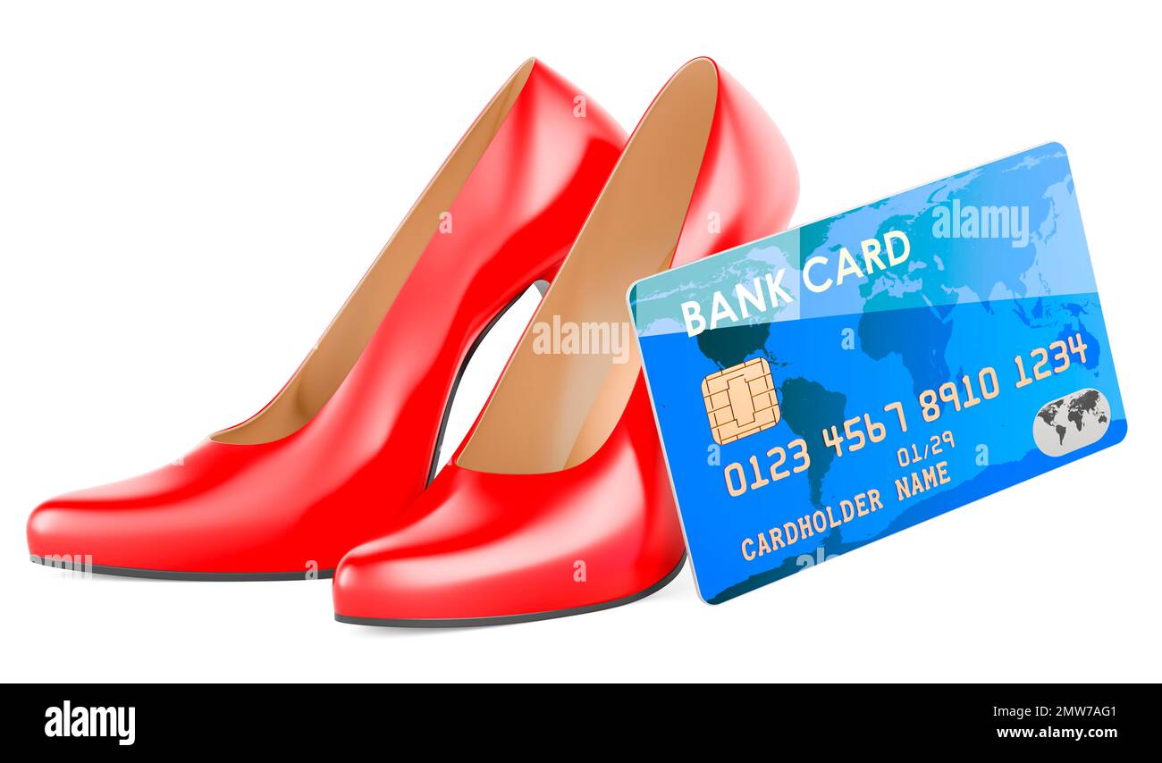 Concetto di shopping femminile. Scarpe con tacco alto con carta di pagamento, 3D rendering isolato su sfondo bianco Foto Stock