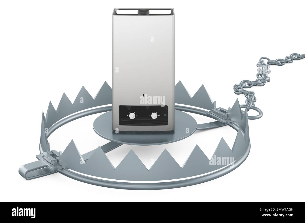 Caldaia a gas domestica, riscaldatore dell'acqua all'interno della trappola dell'orso. 3D rendering isolato su sfondo bianco Foto Stock