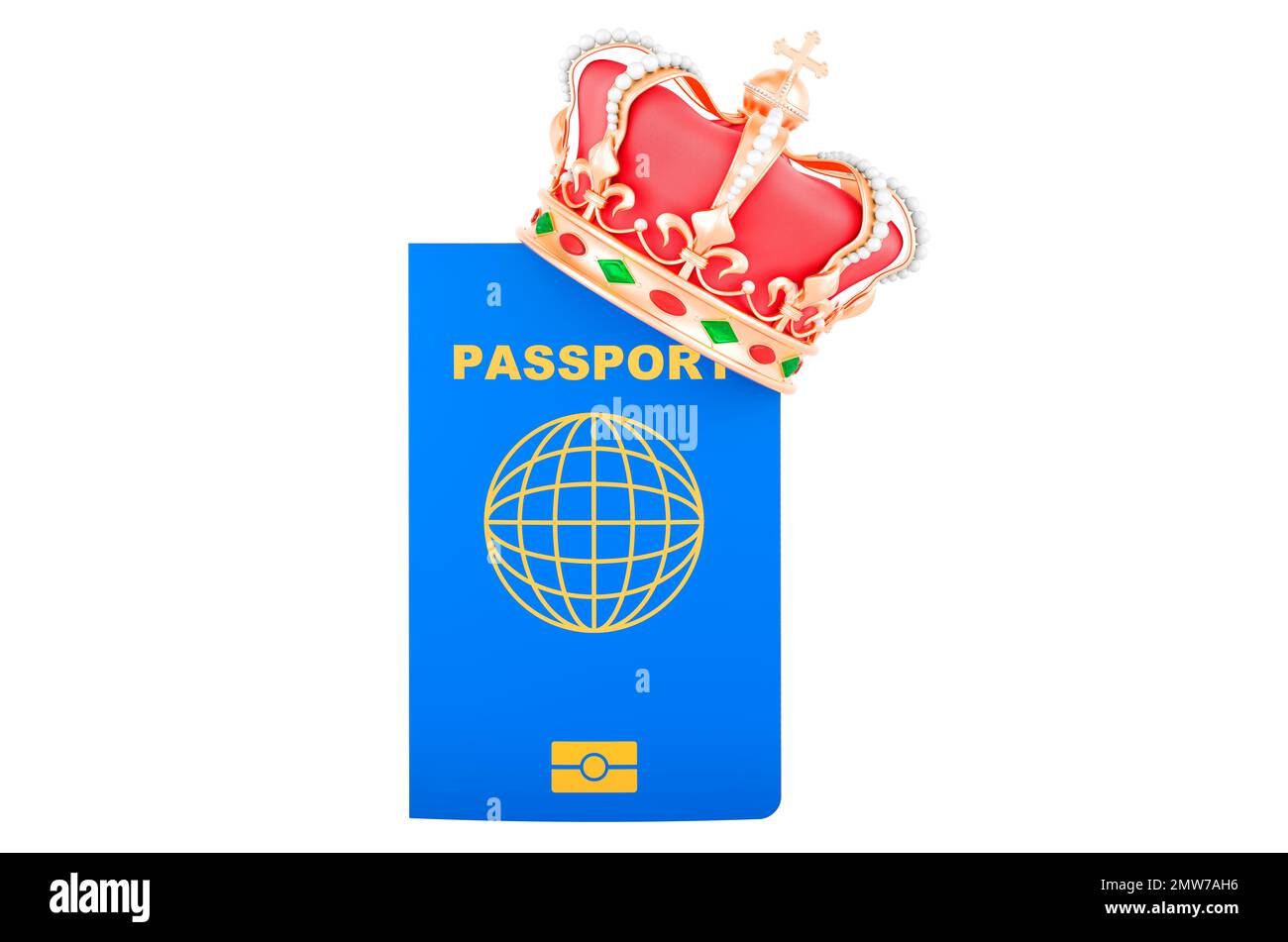 Passaporto con corona d'oro. 3D rendering isolato su sfondo bianco Foto Stock