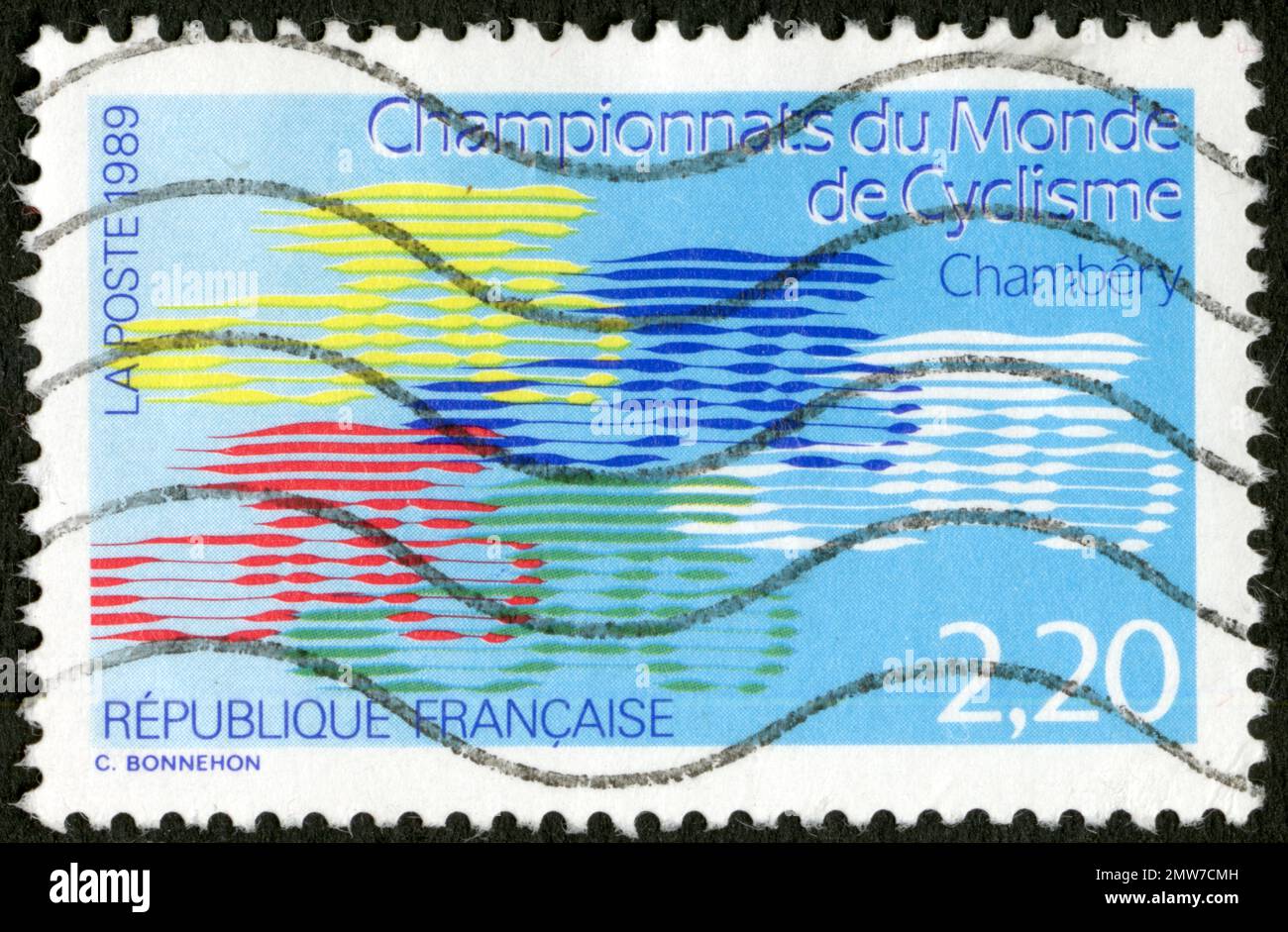TIMBRE OBLITÉRÉ CHAMPIONNATS DU MONDE DE CYCLISME. CHAMBÉRY. LA POSTE 1989. RÉPUBLIQUE FRENCH. 2,20 Foto Stock