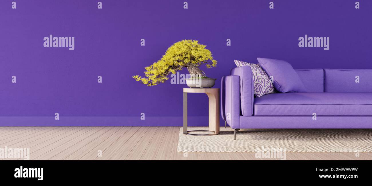 Design d'interni del soggiorno con divano viola. Parete viola vuota con spazio copia a sinistra. Rendering 3D Foto Stock