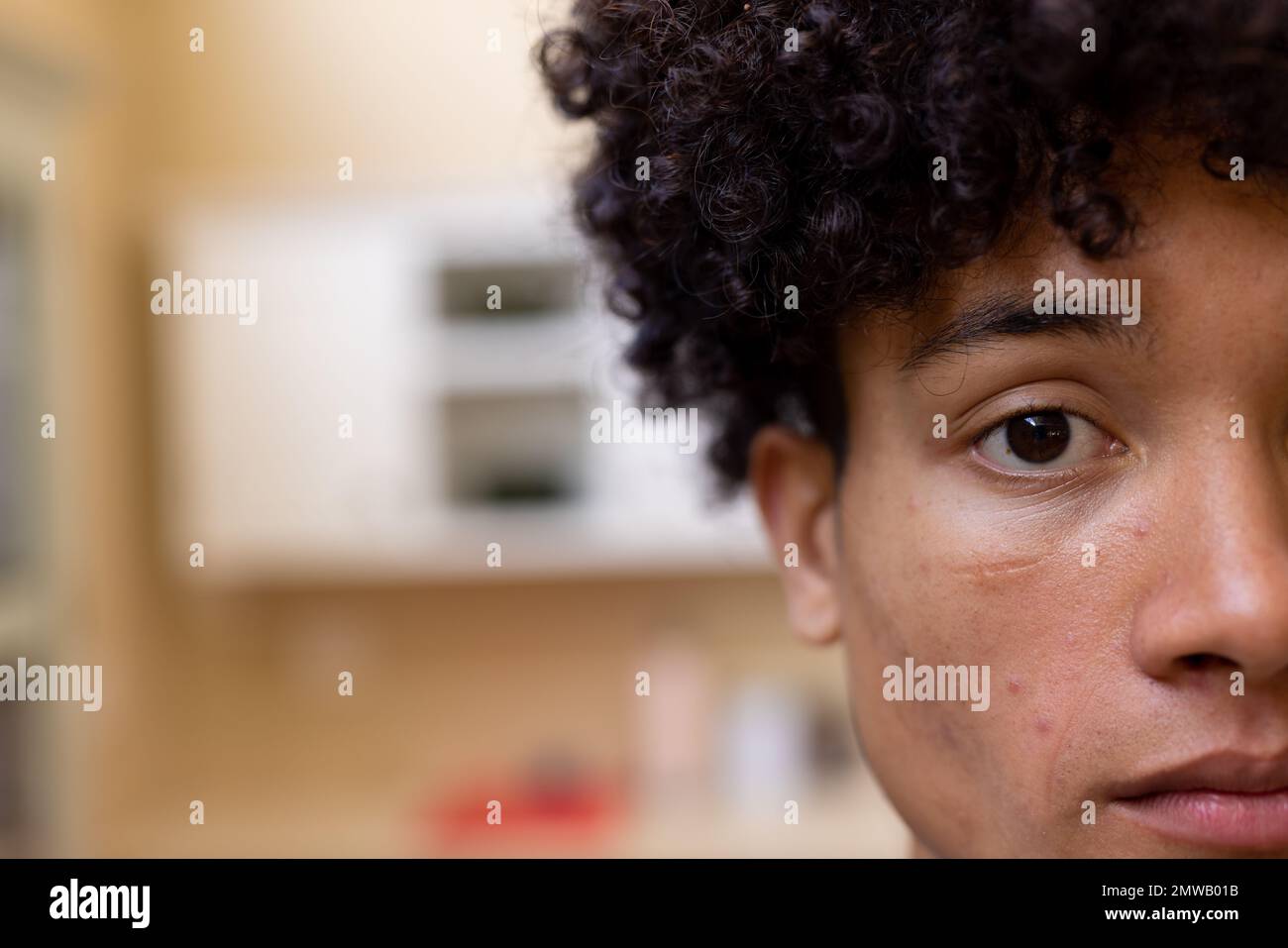 Ritratto a metà faccia di un uomo biraciale riflessivo con capelli ricci in cucina a casa, copia spazio Foto Stock