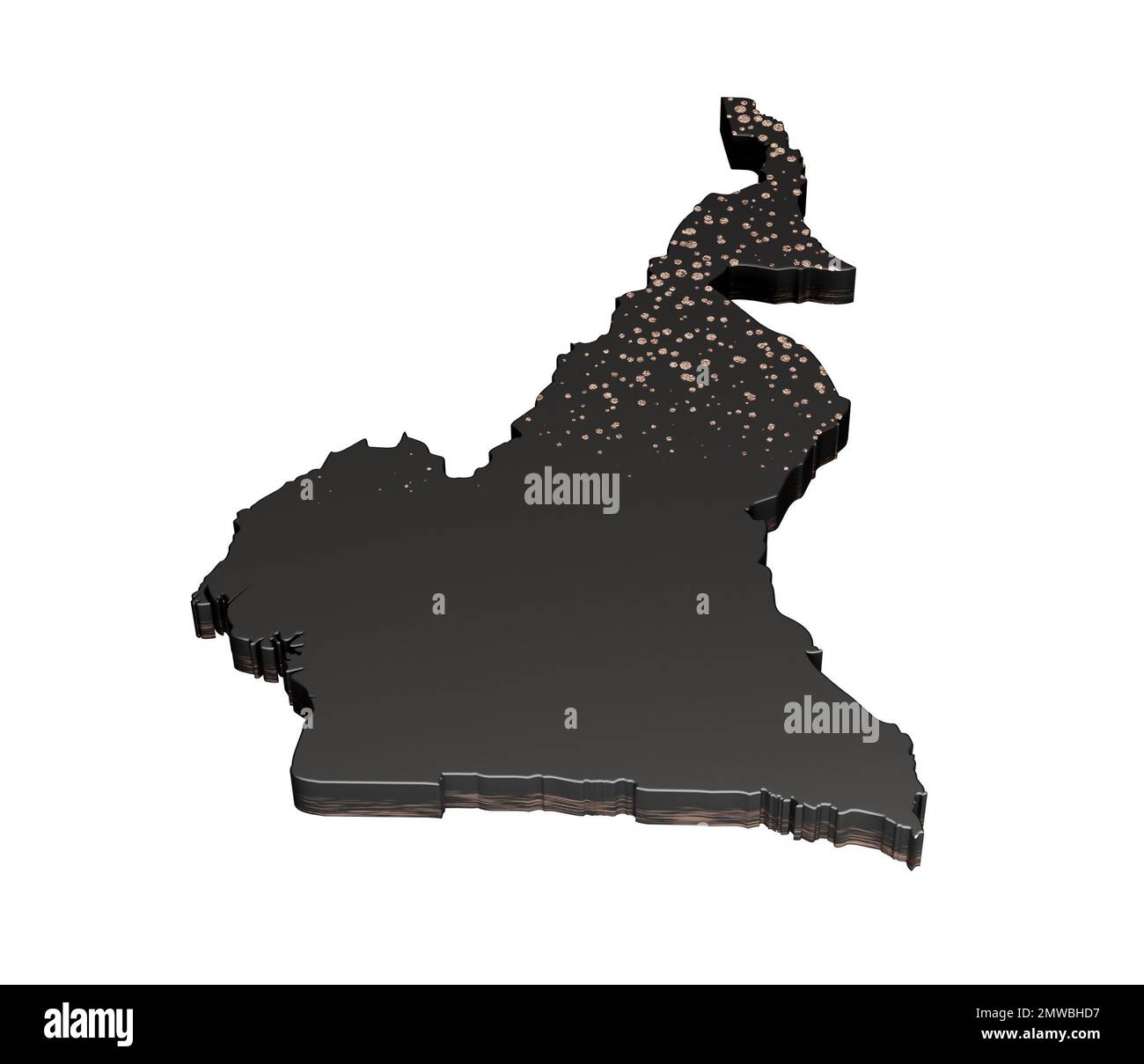Una mappa nera di illustrazione del 3D del Camerun isolata su sfondo bianco Foto Stock