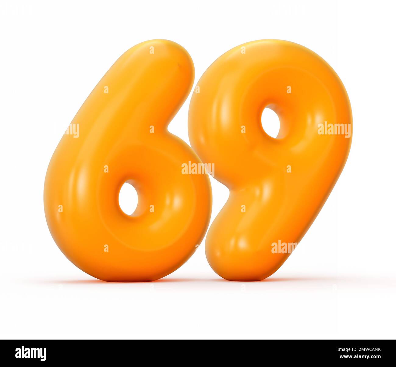 Un'illustrazione 3D di una gelatina arancione lucida numero 69 o sessantanove isolata su uno sfondo bianco Foto Stock