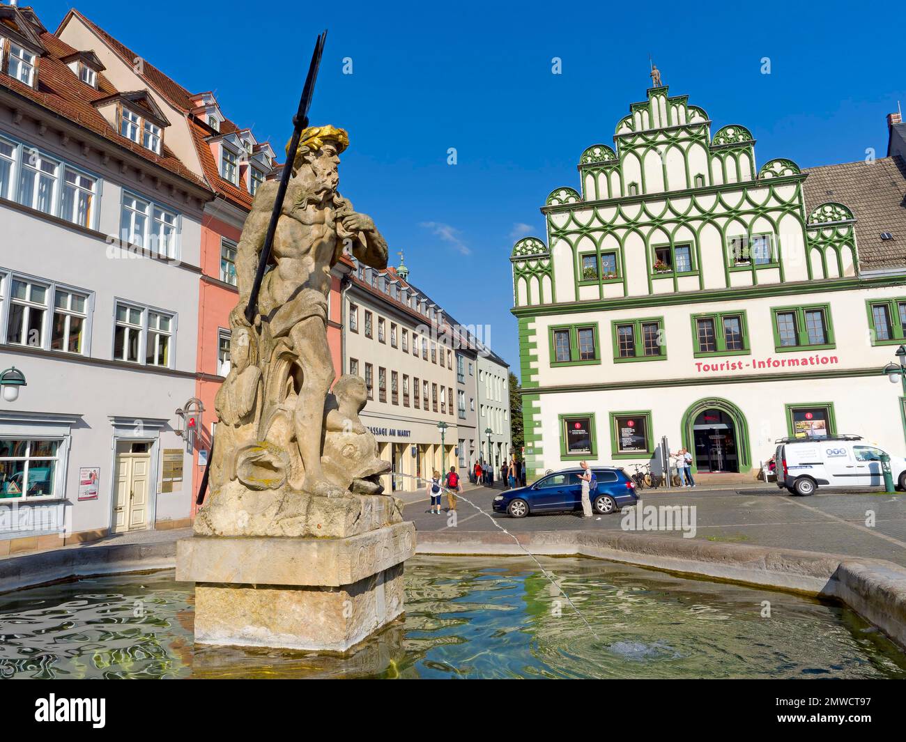 Fontana di Nettuno, Piazza del mercato, Weimar, Turingia, Germania Foto Stock