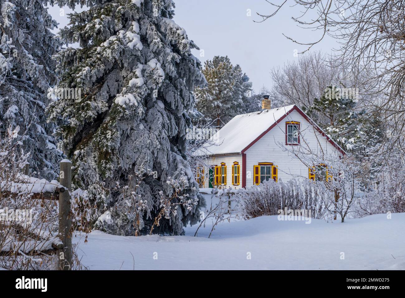 Una scena invernale con la casa di Mennonite presso il sito storico di Neubergthal, Manitoba, Canada. Foto Stock