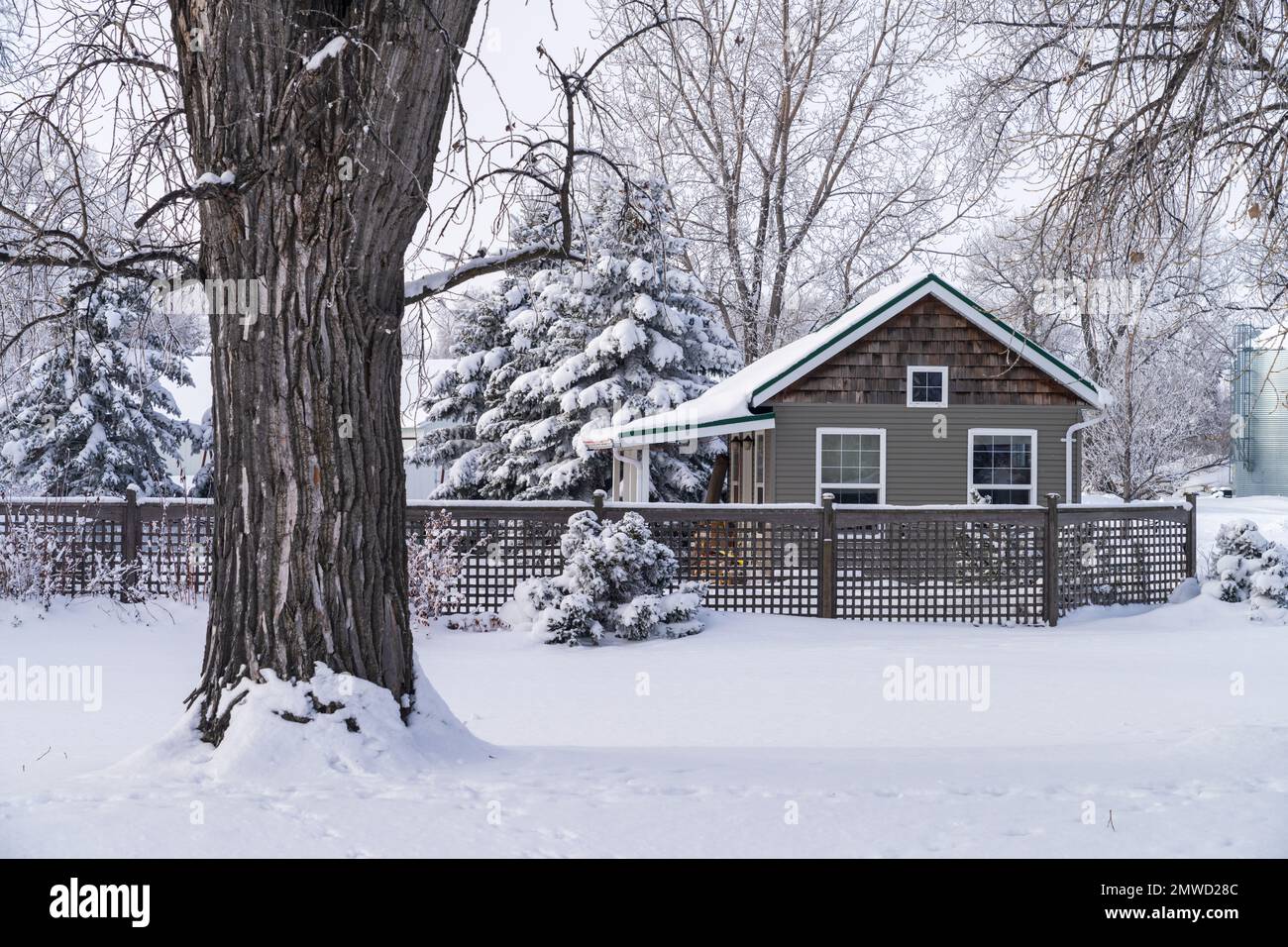 Un piccolo cottage in inverno nel villaggio di Neugergthal, Manitoba, Canada. Foto Stock