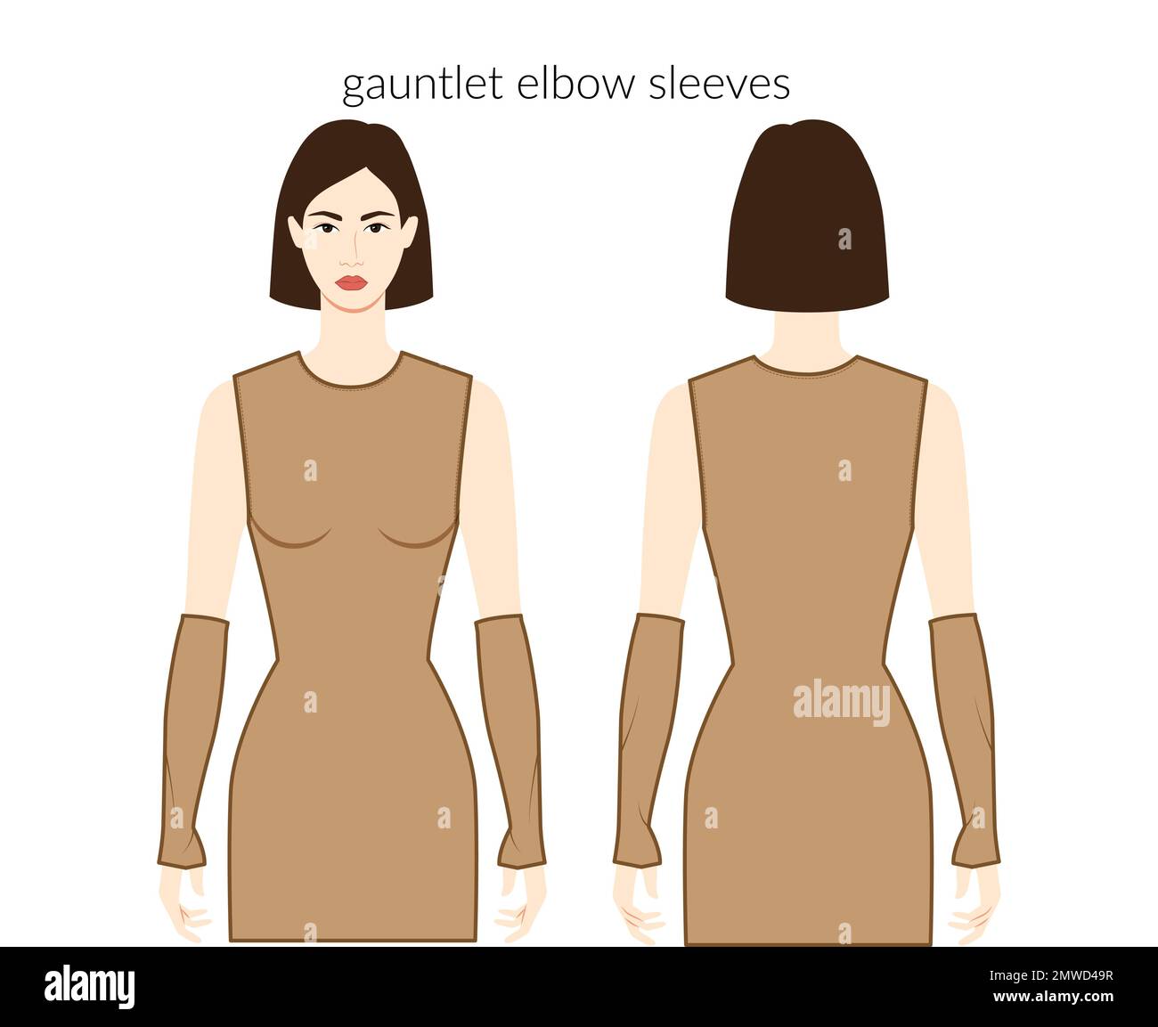 Maniche maniche a gomito lunghezza vestiti personaggio bella donna in nuda top, camicia, abito tecnico illustrazione moda, montato. Modello di abbigliamento piatto anteriore, posteriore. Donne, uomini unisex CAD mockup Illustrazione Vettoriale