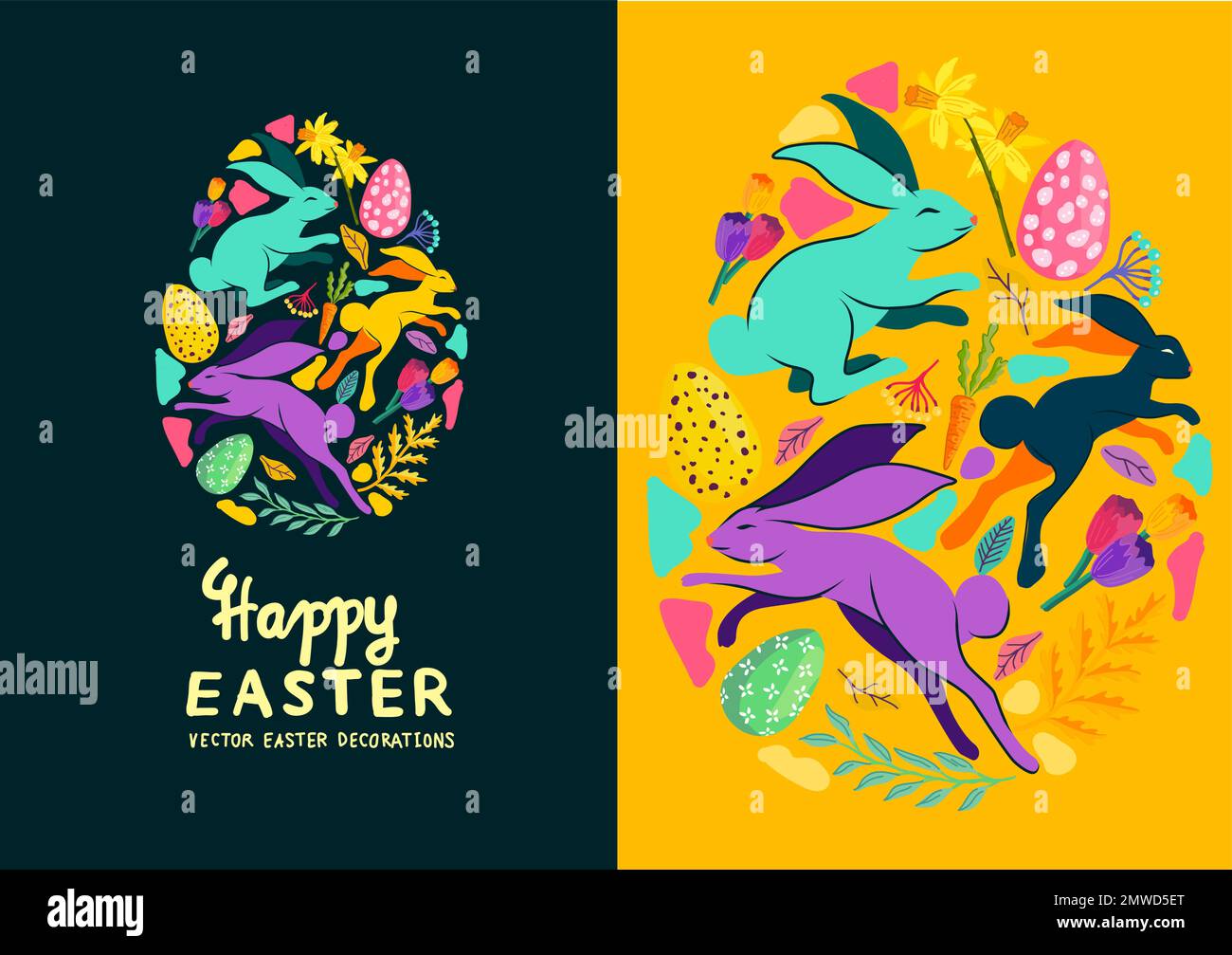 Texture e disposizioni di caccia all'uovo di pasqua allegro e colorato con conigli. Illustrazione vettoriale. Illustrazione Vettoriale
